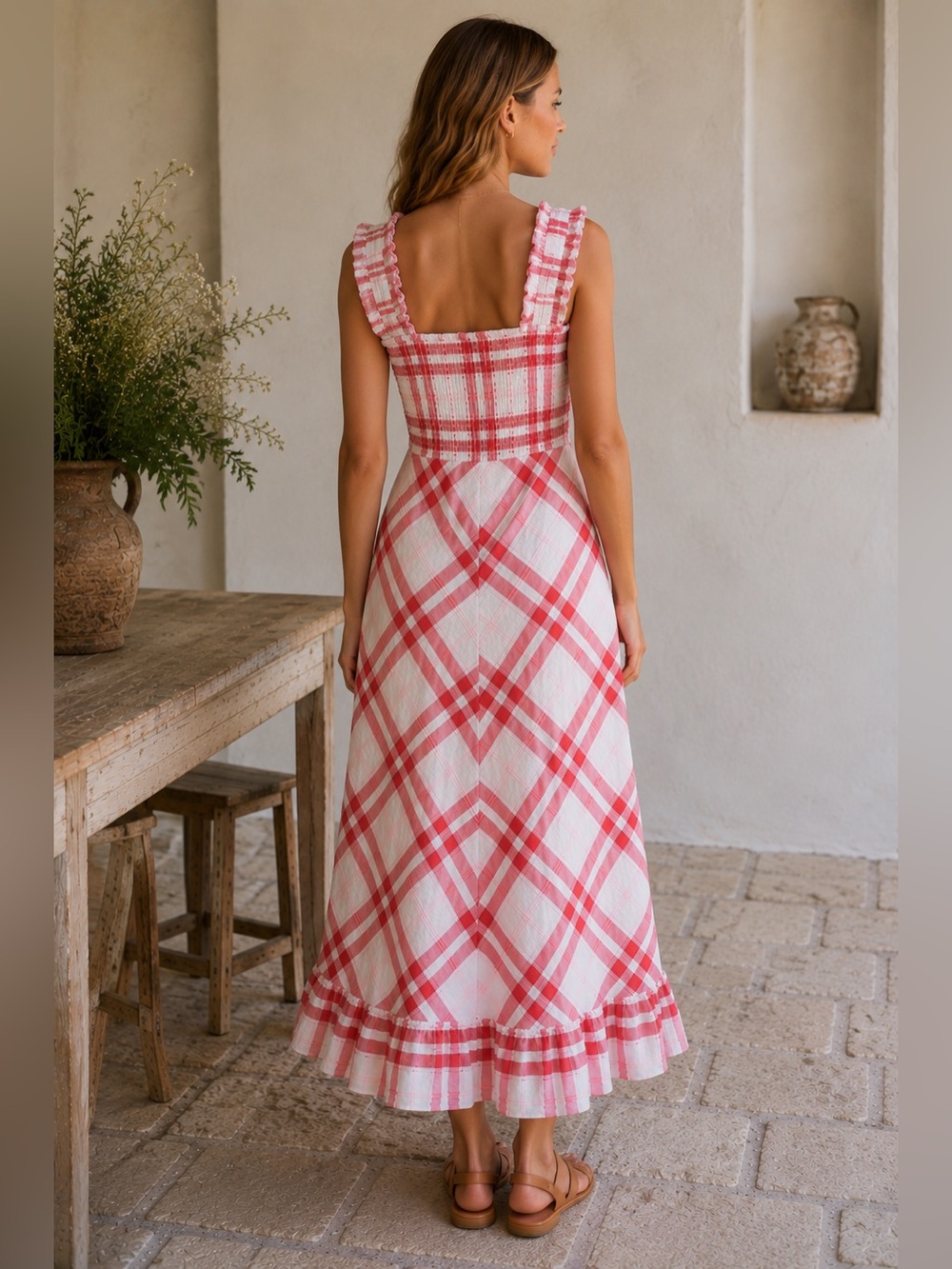 Ganni Red and White Seersucker Checkered Maxi Dress Size 40 - Picture 4 of 15
